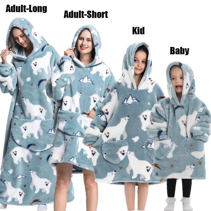 Super Long Oversized Winter Sherpa Blanket Plush Flannel Warm Family Matching Hoodie Christmas Homewear Avocado Women Sweatshirt