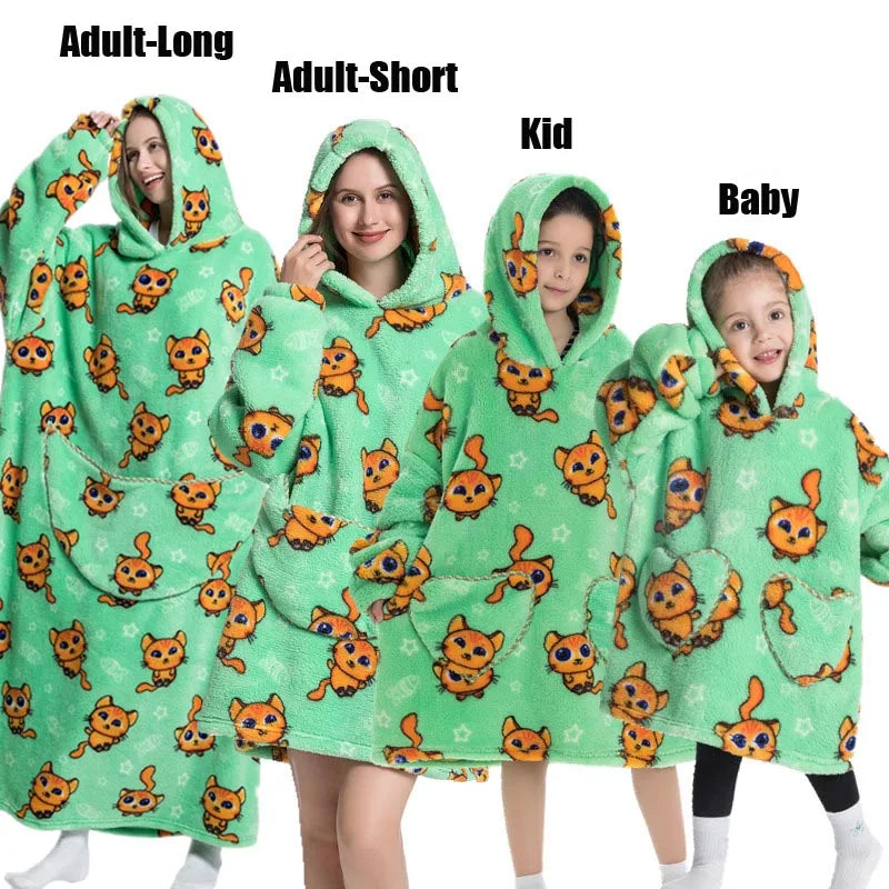 Super Long Oversized Winter Sherpa Blanket Plush Flannel Warm Family Matching Hoodie Christmas Homewear Avocado Women Sweatshirt