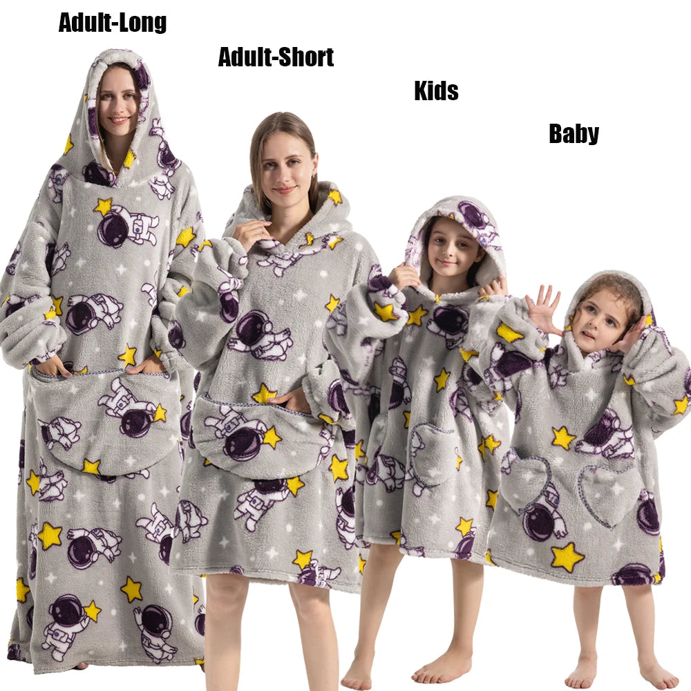 Super Long Oversized Winter Sherpa Blanket Plush Flannel Warm Family Matching Hoodie Christmas Homewear Avocado Women Sweatshirt