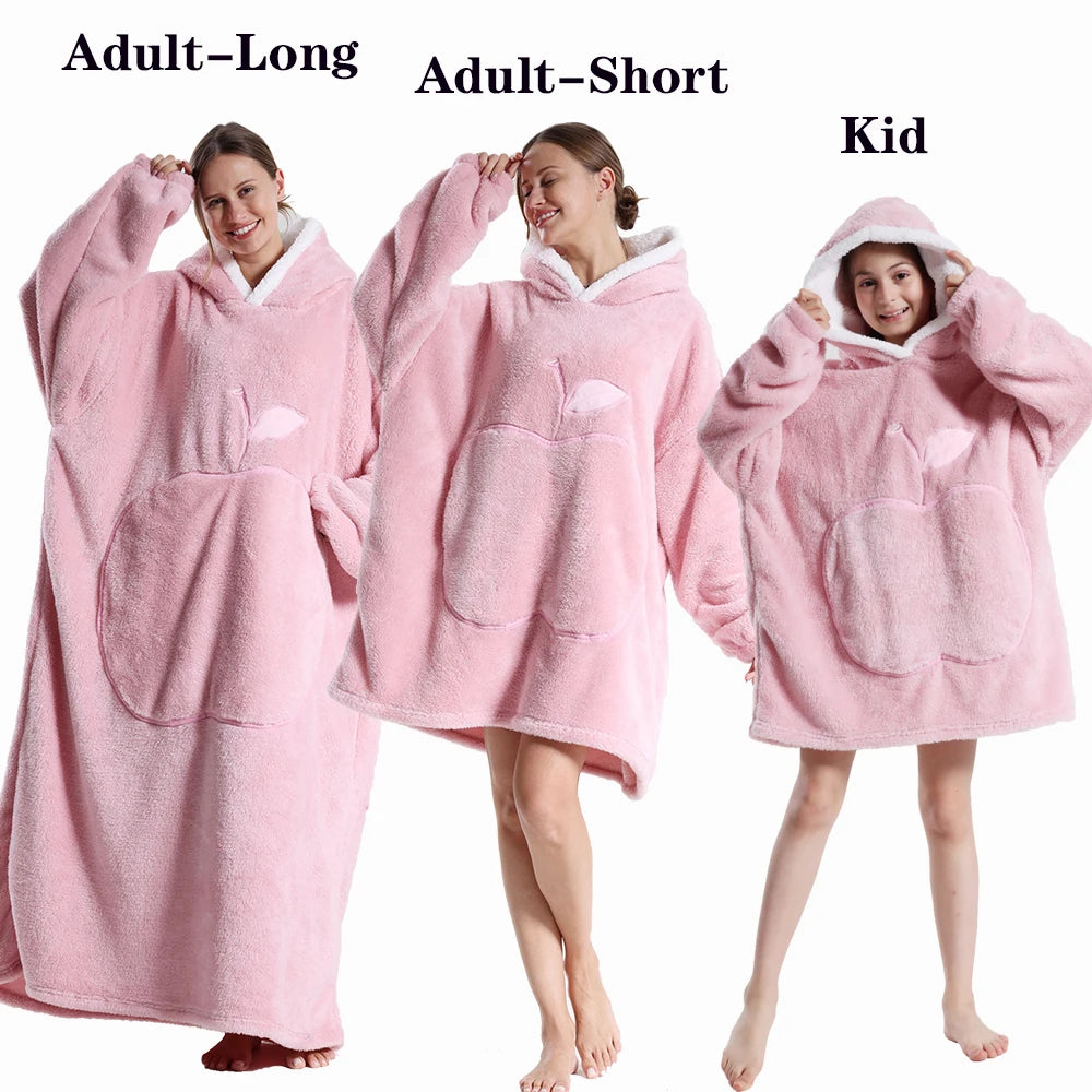 Super Long Oversized Winter Sherpa Blanket Plush Flannel Warm Family Matching Hoodie Christmas Homewear Avocado Women Sweatshirt