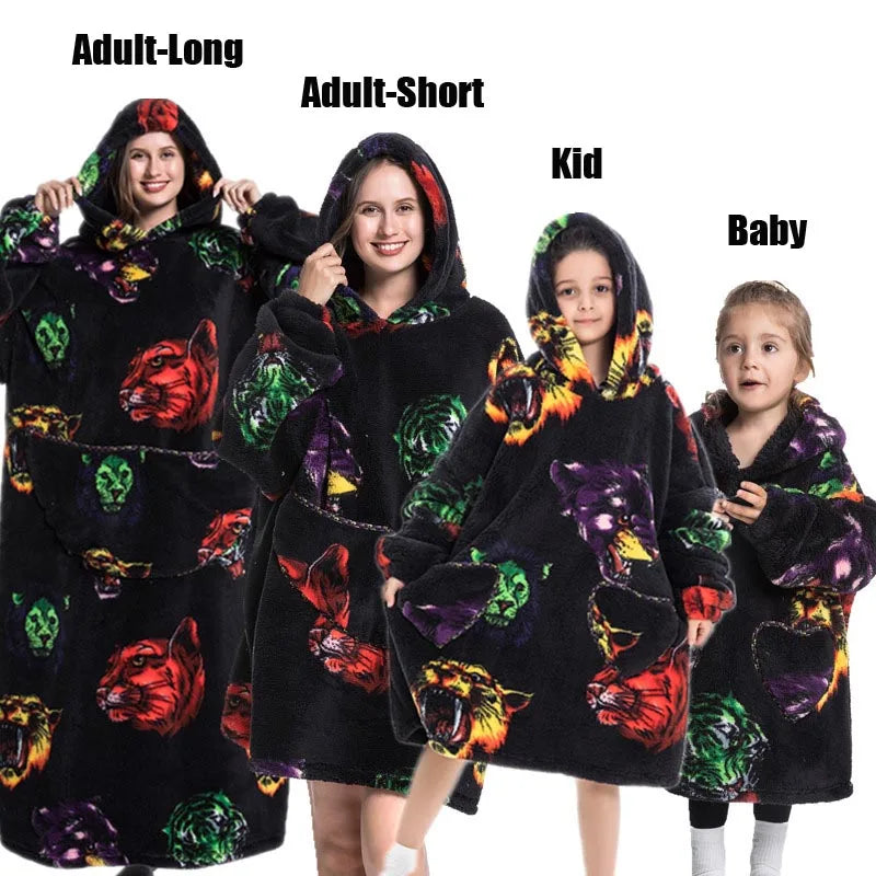 Super Long Oversized Winter Sherpa Blanket Plush Flannel Warm Family Matching Hoodie Christmas Homewear Avocado Women Sweatshirt