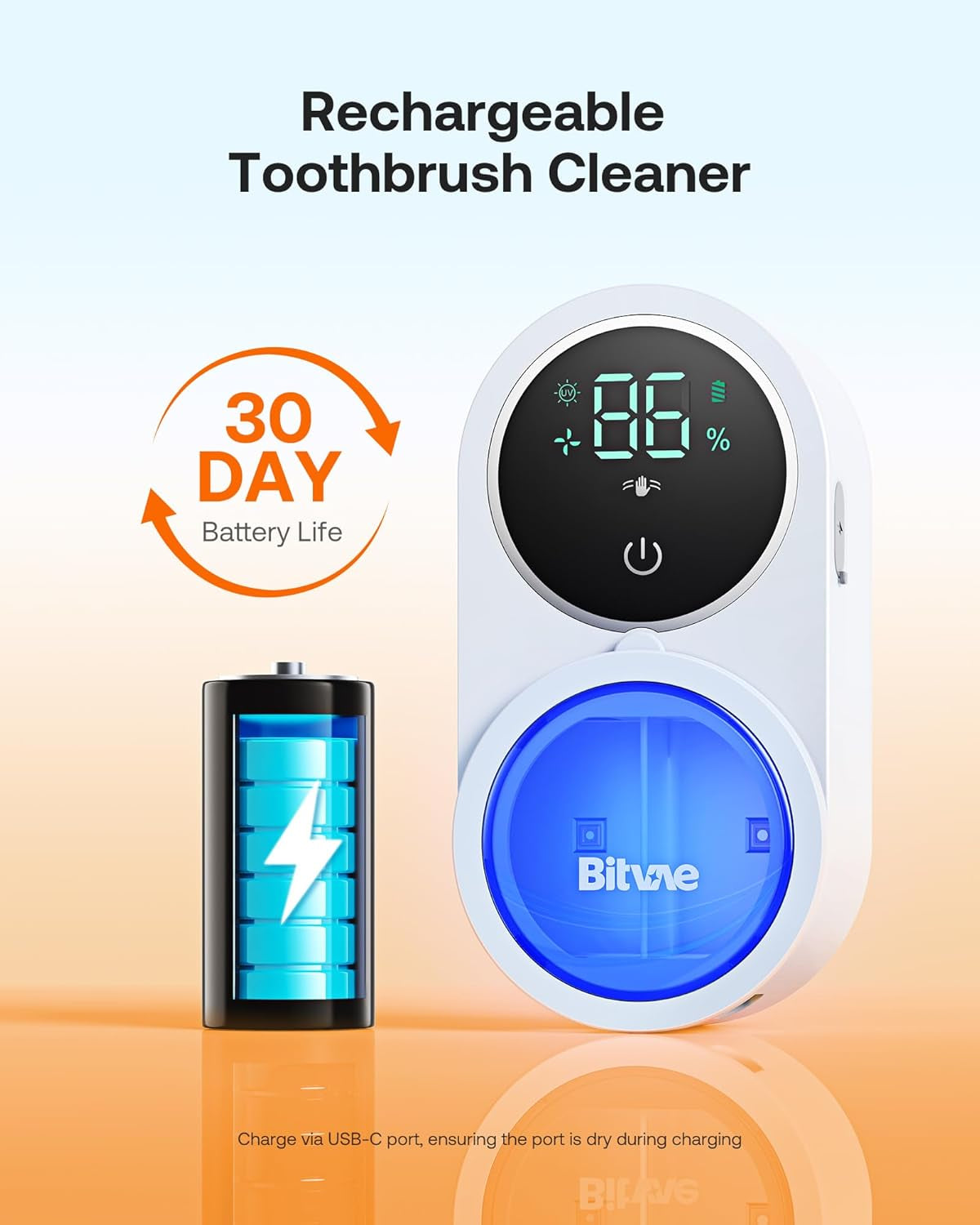 Toothbrush Holder & Toothbrush Cleaner, Cleaning and Air Drying, LED Smart Screen, Rechargeable Wall Mount Toothbrush Holder for Bathrooms, White