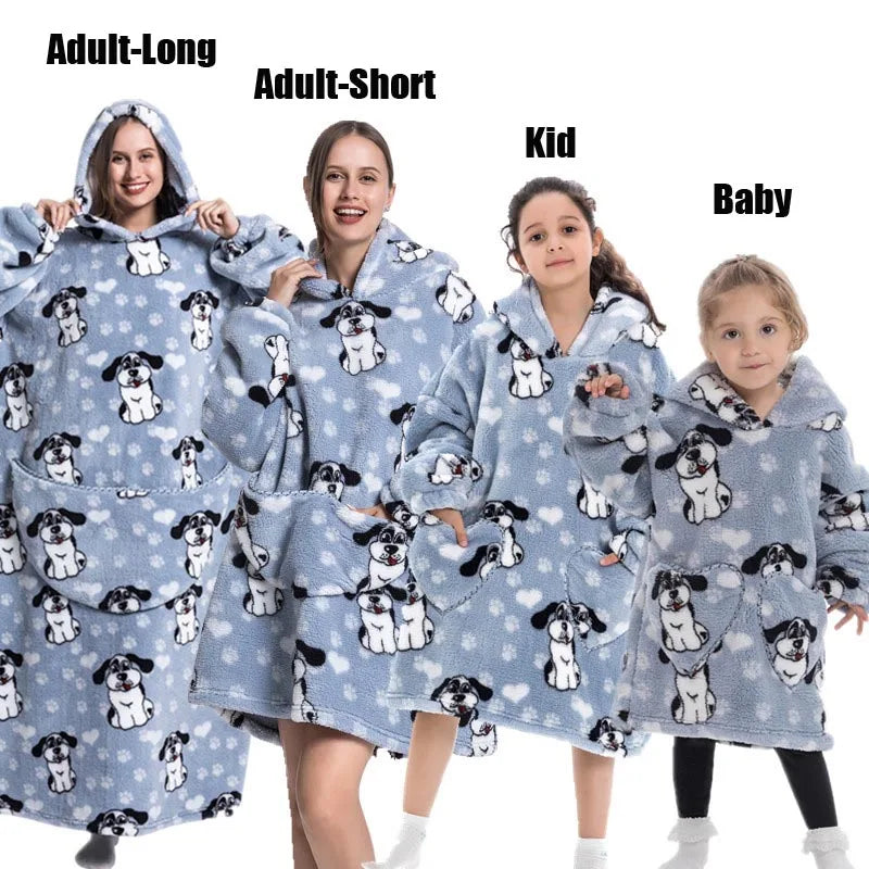 Super Long Oversized Winter Sherpa Blanket Plush Flannel Warm Family Matching Hoodie Christmas Homewear Avocado Women Sweatshirt